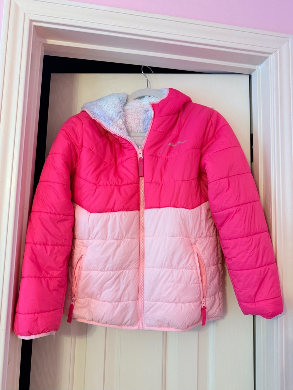 Girls Eddie Bauer 3-In-1 Two-Tone Pink Puffer Jacket with Sherpa Hood.